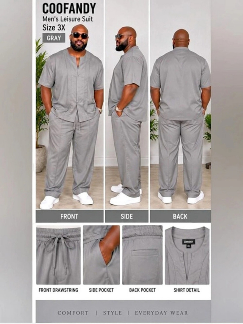 COOFANDY Men's Leisure Suit Short Sleeve Split Neck Set Short Sleeve Set Gray